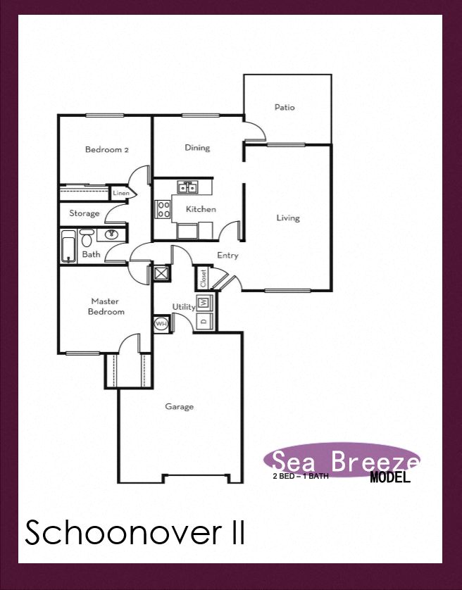 Floor plan for 2 beds, 1 bath, 1155 sqft